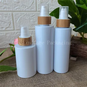 100pcs/monte branco/laranja/fosco garrafas de plástico com madeira de bambu tampa de plástico de toner spray de água tampa de garrafa vazia conjunto de cosméticos