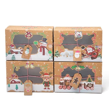 16Pcs Papel Kraft Caixas dos Doces Feliz Natal Cookie Caixa de Presente a Janela Clara Saco de Empacotamento do Favor de Partido de Ano Novo Decoração