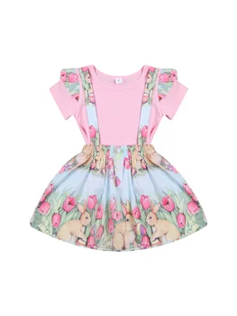 2021 Quente da forma de Criança de Bebê Menina de Manga Curta-cor-de-Rosa Tops, T-shirt+Flor Coelho Saia de Crianças Roupas de 2pcs Conjunto de Roupa de