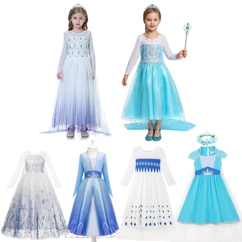 2022 Verão Exclusiva Azul Branco Casual, Saia Curta da Disney Meninas Elsa Vestido Novo 2-10anos Longa Bonito Princesa Vestido de Festa de Roupas