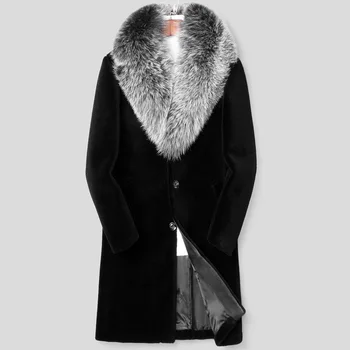 2023 Luxo Grande Gola De Pele De Inverno Do Mens Mink Fur Casaco Longo Para O Frio Elegante, Longos Casacos Negros Quente Cavalheiro Compridos