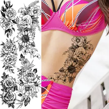 3D Realista Rosa Flor do Sol Daisy Tatuagens Temporárias Para as Mulheres Adultas Peônia Cruz Fake Tattoo Corpo à prova d'água Arte de Pintura Tatoos