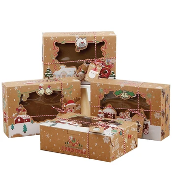4pcs de Natal Kraft Cookie Caixas com Janela e Presente DIY Tags de Natal Padaria Tratar Caixas para presentear Pastelaria Favores do Partido