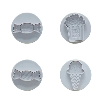 4Pcs de sorvete de Cookie Cutters Com Êmbolo Selos Conjunto de Pipoca Doce Forma de Fondant em Relevo Molde de Cozimento de Decoração do Bolo de Ferramentas