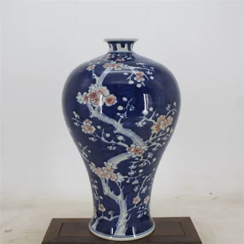 9 de Antiguidades QinggDynasty vaso de porcelana,Azul e vermelho branco gelo ameixa garrafa,pintados à Mão, artesanato,Coleta&Adorno,frete Grátis