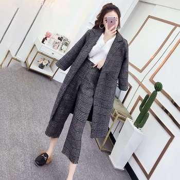 A primavera e o outono novas feminino coreano moda temperamento longo casaco de lã, com sete pontos wide leg pants selvagem mulher roupa de duas peças