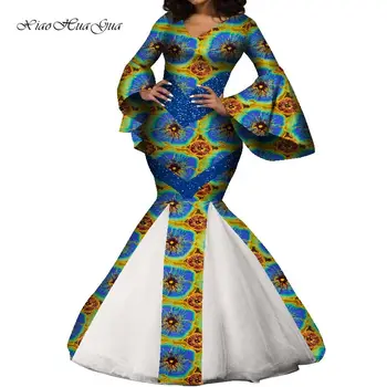 Africano de Vestidos para as Mulheres, Senhoras Longo Vestido Sereia Sexy V-pescoço Flare Manga Mulheres Maxi Vestido de Festa de Casamento WY7875