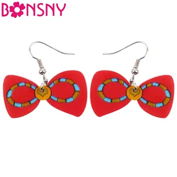 Bonsny Acrílico Vermelho Bowknot Bow Tie-Drop Brinco Longo Oscila De Moda Bonito Jóias Para A Menina Mulheres Adolescentes Por Atacado Acessórios