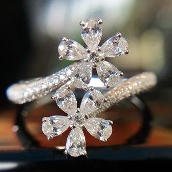 Cor prata Anel Feminino da Flor Queda de Anéis de Cristal, Redimensionável CZ Dedo o Anel de Casamento Noivado Presente da Jóia