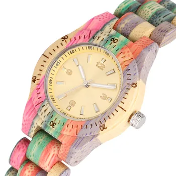 Criativo arco-íris Colorido de Madeira de Bambu Assistir Mulheres Pulseira de relógio de Pulso Amarelo Mostrador Redondo Dobrável Relógio de Madeira para Senhoras