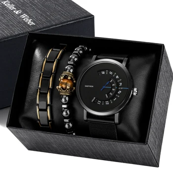 Forme a homens de Aço Inoxidável Relógios de Luxo Pulseira Conjunto de Presente para o Namorado Black mesa Giratória de Quartzo Relógios de pulso Reloj Hombre