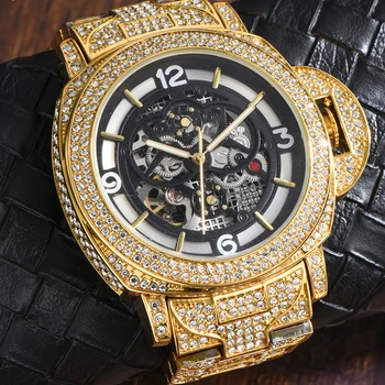 Gelado de Fora Diamantes Relógios para Homens Esqueleto Turbilhão Automatic Mens Relógios Mecânicos relógio de Pulso de Homem em Ouro Relógio Masculino