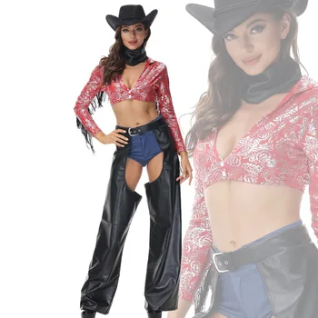 Halloween Cosplay Policial Western Cowboy Franja Sexy Uniforme Tentação Clube DS Desempenho