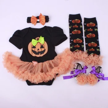 Halloween Menina Infantil 4pcs Conjuntos de Vestuário de Romper Vestido Jumpersuit+Cabeça+Sapatos+Meias Hgeteen Abóbora Bebe Traje