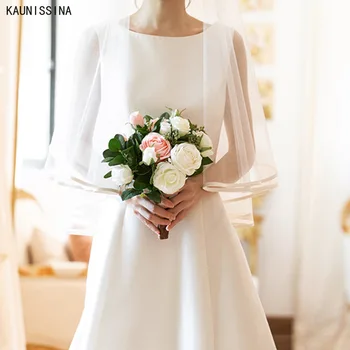 KAUNISSINA Abrir de Trás do Vestido de Casamento Elegante Simples de Longa Noiva Vestidos de Cetim Tribunal de Noiva Vestidos de Trem Mulheres Brancas Casamento Manto