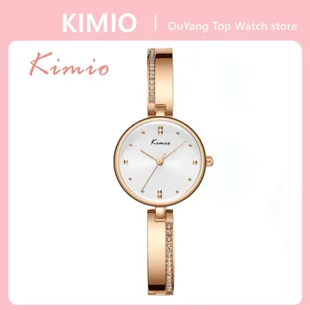 KIMIO 2022 Mulheres Marca de relógios de Luxo Strass Moda Simples Mostrador Redondo Rosa de Ouro Senhoras Quartzo Relógio Bracelete Feminino Relógio