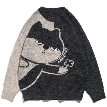 LACIBLE Camisola de Inverno Homens de Retalhos de Impressão de Gato Suéter de Malha Solta Moda Casual Camisola de Malha Pulôver de Hip Hop e Streetwear
