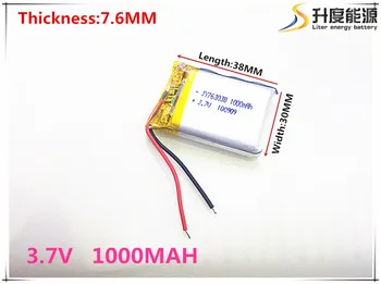 li-po 3.7 V 763038 de lítio-ion polímero bateria 1000 mah veículo viajando gravador de dados de LED de alto-falantes brinquedos