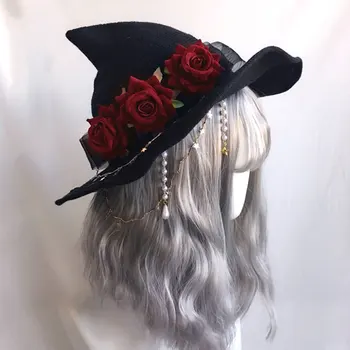 lolita estilo Dark menina bruxa desfile lolita veludo bruxa de chapéu mole menina de aba larga rose Festa chapéu de bruxa