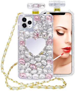 Luxo Bling Diamante, pedra preciosa Frasco de Perfume do Amor do Coração, Espelho de maquilhagem Caso Cove Para iPhone 11 Pro XS Max XR X 8 7 6 6S Mais SE