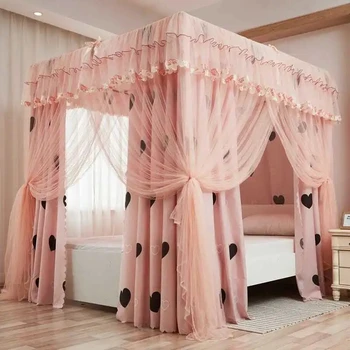 Luxo do palácio, rede mosquiteira romântico sombras de cama, cortina de dossel líquido de três portas colcha de cortina sem suporte
