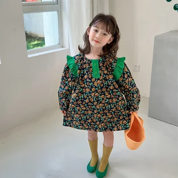 Meninas De Vestido De 2022 Nova Primavera, Outono Estilo Coreano Retro Crianças De Manga Comprida Estampa Floral Doce Vestido De Princesa De 1 A 6 Anos