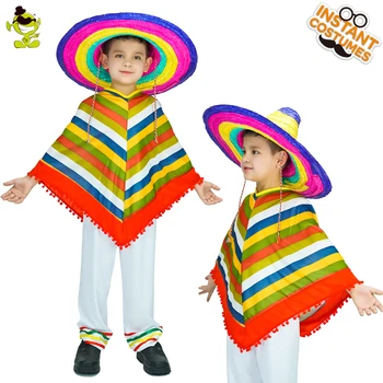 Menino Mexicano arco-íris Trajes de Festa Nativo Mexicano Vestido de Fantasia do Cabo para Unisex Crianças Fantasias
