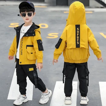 Meninos primavera, outono casual Terno de Esportes big boy versão coreana da tendência de duas peças de moda jaqueta com capuz + calça 2pcs conjunto