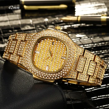 MISSFOX Ouro 18K Quartzo do Relógio Cheio de Diamantes, de Pedras Amantes Par de relógios de Homens de Mulheres de Aço Bling Hip Hop Gelo para fora Assistir Homens Mulheres