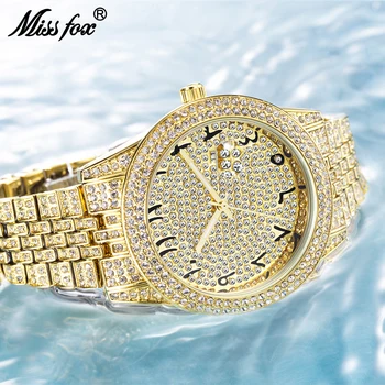 MISSFOX Relógio Para Homens Novo Cheio de Diamante Luminoso Impermeável Masculino Relógios de Pulso de Quartzo Moda de Ouro 18k Aço Inoxidável Calendário W