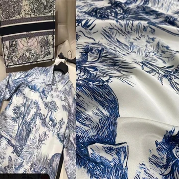 Moda D Casa Temperamento De Fundo Branco E Azul Animais Estampa Impressa Em Sarja Stretch Tecido De Seda Vestido De Saia, Camisa De Tecido Div