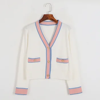 Moda de alta Casaquinho Branco com Guarnição de Rosa Cortada Casaquinho de Mulheres 2022 Outono Inverno Suéter Casaco de Senhoras Casaquinho de Malha Sueter