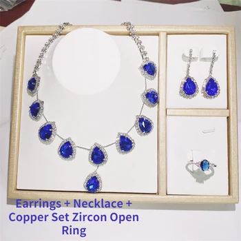 Moda Senhoras Jóia Azul gotas de água Strass Colar de Prata com Embutidos de Zircão Pingente Premium de Acessórios de Luxo