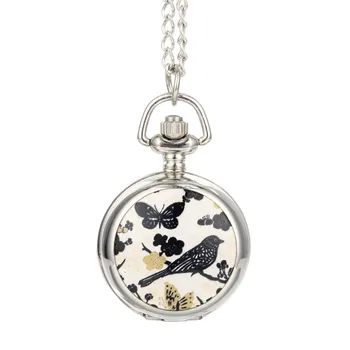 Moda Vintage Quartzo Relógio de Bolso Liga Pássaro Flores Borboleta Senhora Cadeia de Camisola Colar de Pingente de Relógio Mulheres Presentes LL@17