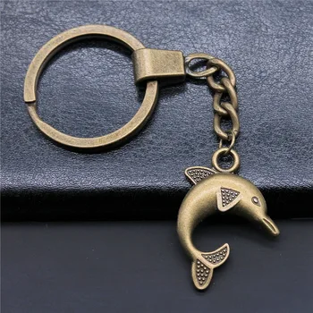Mulheres Homens Chaveiro DIY Suporte de Metal Cadeia de Bronze Antigo Cor 31mm 3D Dolphin Pingente de Chaveiro de Presente