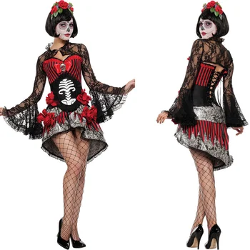 Novo Esqueleto Adulto Dia dos Mortos Traje de Mulheres Sexy Açúcar Crânio Dia Fada da Flor de Halloween fantasma, vampiro noiva Vestido de Fantasia