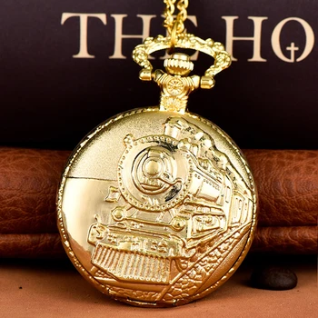 Ouro Vintage Escultura de Quartzo Relógio de Bolso de Luxo para Homens de Ouro Oco Gravado Trem Caso Fob Corrente de Relógio para a Coleção de Presente
