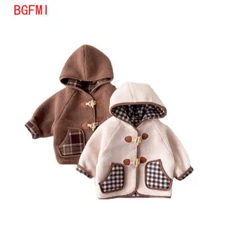 Outono de roupas para o menino de Inverno Lattice Casaco Reversível Croissant botão com Capuz coreano Criança Menina do Casaco de Pelúcia Grosso Outerwear