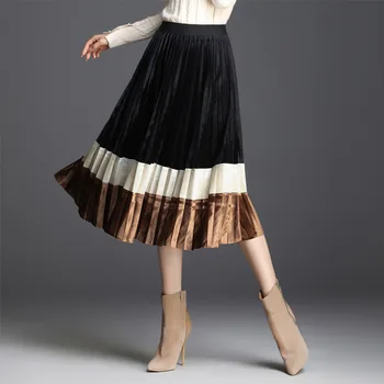 Outono, Moda de Inverno da Emenda Cor Pleuche Saia Plissada para as Mulheres de Cintura Alta Vintage Elegante Casual Solta Meados de Saias longas 1818