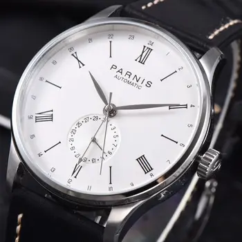 Parnis 41,5 mm Mostrador Branco Mecânicos Automáticos os Relógios de homens de GMT Pulseira de Couro Relógio à prova d'água Para os Homens reloj hombre marca de lujo