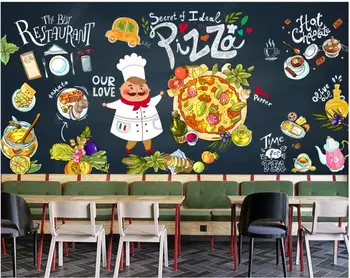 Personalizado mural de fotos em 3d papel de parede quadro-Negro desenhado à mão, pizza, comida ocidental restaurante de decoração de sala de estar papel de parede para parede 3 d