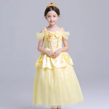 Princess Dress Up Off Ombro Camadas de roupa para as Meninas 4Y To12Y de Natal, Festa de Aniversário, Carnaval Cosplay Vestido Amarelo