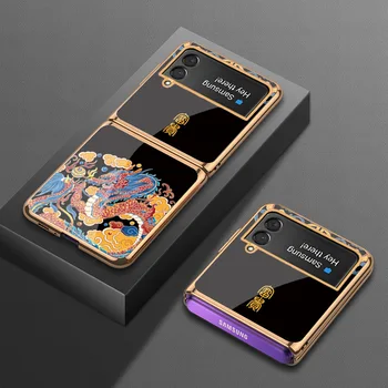 Retro Chinês Tradicional Totem Caso de Telefone para Samsung Z Flip3 Caso Luxo de Vidro à prova de Choque Case para Galaxy Z Flip 3 Caso