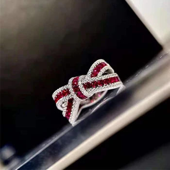 Ruby Corindo Tridimensional Bowknot De Diamante Anel De Prata 925 De Prata Pura Atmosfera De Luxo, Jóias Personalidade Anéis Para As Mulheres De Presente