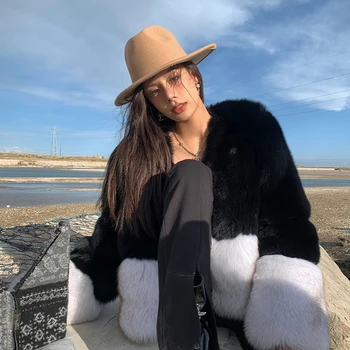 Senhora de ajuste solto wholeskin fox fur casaco mulher manga comprida lindo fofo preto real fox fur casaco feminino roupas de inverno JD12