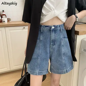 Shorts da Mulher Denim Azul Solta Grande Perna de Verão de Calças Casuais Alunos Estilo coreano de Uma linha de Cintura Alta Harajuku Simples Retro Novo
