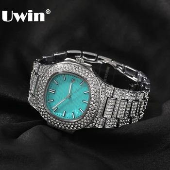 UWIN Gelado Fora de Strass, Relógios com Mostrador azul-Turquesa de Moda de Luxo Liga relógio de Pulso de Quartzo Redondo Relógio para Presente de Natal