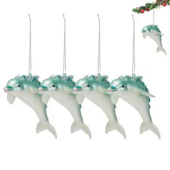 Vidro Dolphin Ornamento 4pcs Glitter Golfinho de Vidro Enfeite de Árvore de Natal Conjunto de Vidro Soprado Água do Mar Animais Glitter Decorativos
