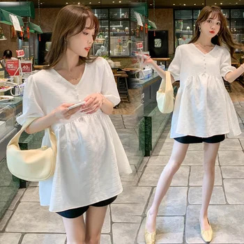 2201# Verão coreano Moda Maternidade Blusas Soltas Doce Camisa de Roupas para Mulheres Grávidas Bonito Lindo de Uma Linha de Gravidez Tops