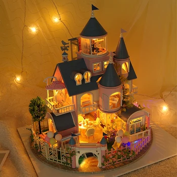 DIY Casa de bonecas de Madeira Kit Miniatura, com Mobiliário de Princesa Castelo de Conto de Fadas a Casa de Boneca a Casa Montada Brinquedos para Meninas Presentes de Natal